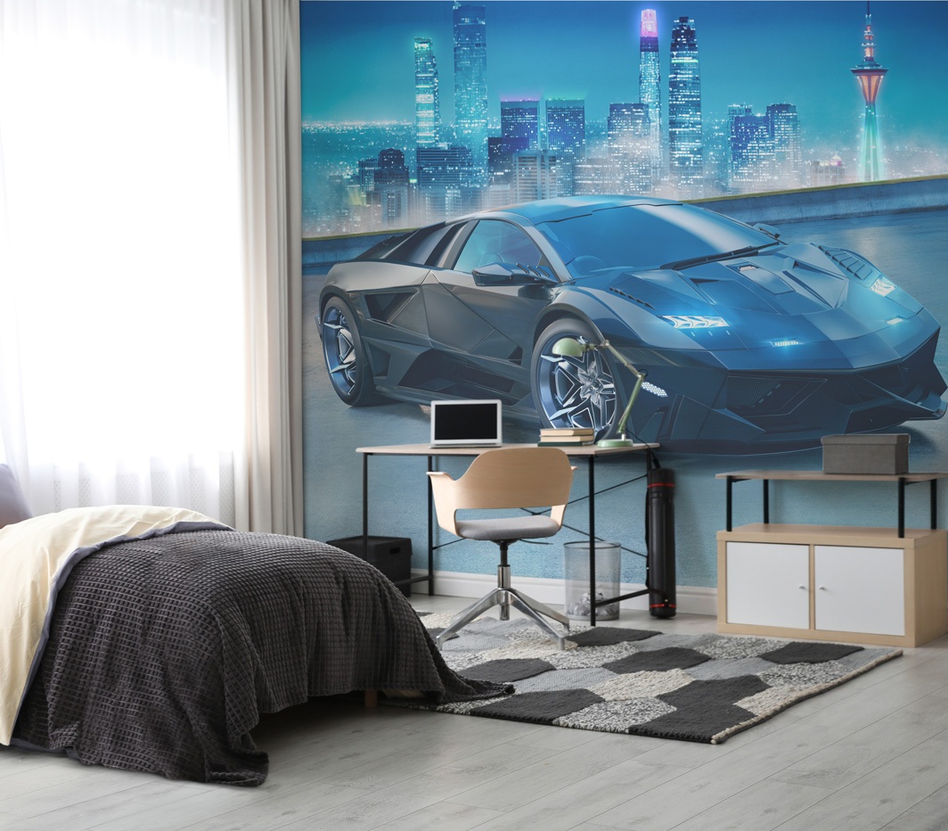 Super Sports Car tapet 243 x 305 cm – sjov til børneværelset.